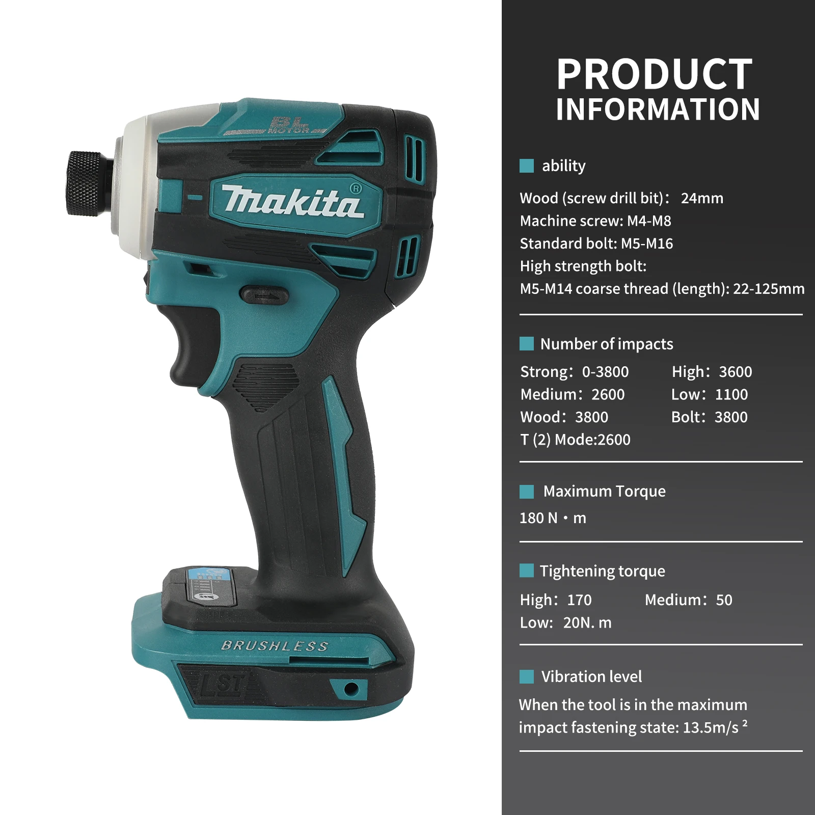 For Makita DTD172 Handheld Impact Driver, BL Motor,180N.m Torque,0-3600r/min No-load Speed Portable Fastening Tool