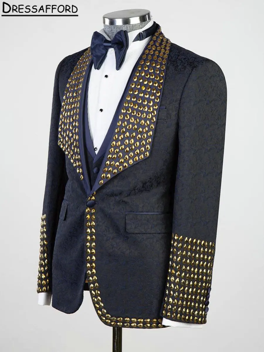 Navy Blue Glitter Crystal Evening Party Men Suits Jacquard Weave Two Pieces Blazer Groom Wear ( Jacket + Pants )