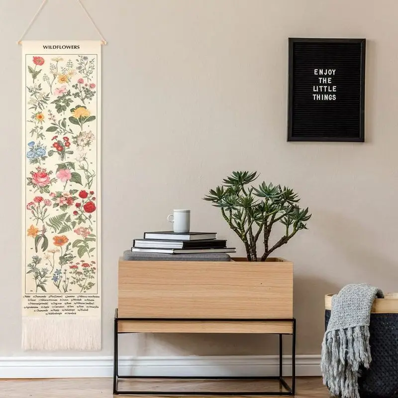 Wildflower Botanical Tassel Scroll Tapestry Vintage Plant Chart Polyester Wall Hanging Boho Aesthetic Bedroom Dorm Home Decor
