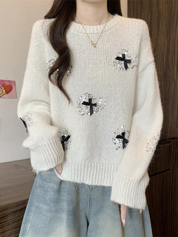 Suéter de Punto con Lentejuelas en 3D, Estilo Dulce y Elegante, Holgado, Color Blanco, para Mujer, Otoño Invierno, Sensación de Moda, Casual, para el Trabajo...
