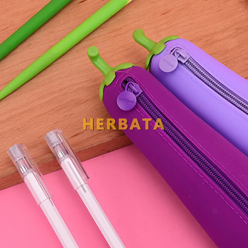 Eggplant Silicone Jelly Pencil Case - Cute Cartuchera Pen Bag for Kids, Student School Supplies Storage Box
