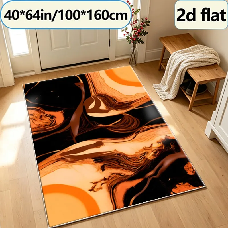 Orange and Black Marble Swirl Abstract Pattern Carpet, Modern Fluid Art Carpet, Suitable for Living Room, Bedroom, Home Interior Decoration