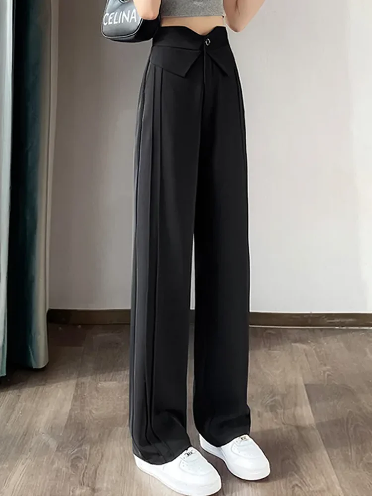 Chic Design Blue Baggy Straight Suit Pants Women Office Formal Elastic High Waist Wide Leg Pantalones Korean Loose Solid Calca