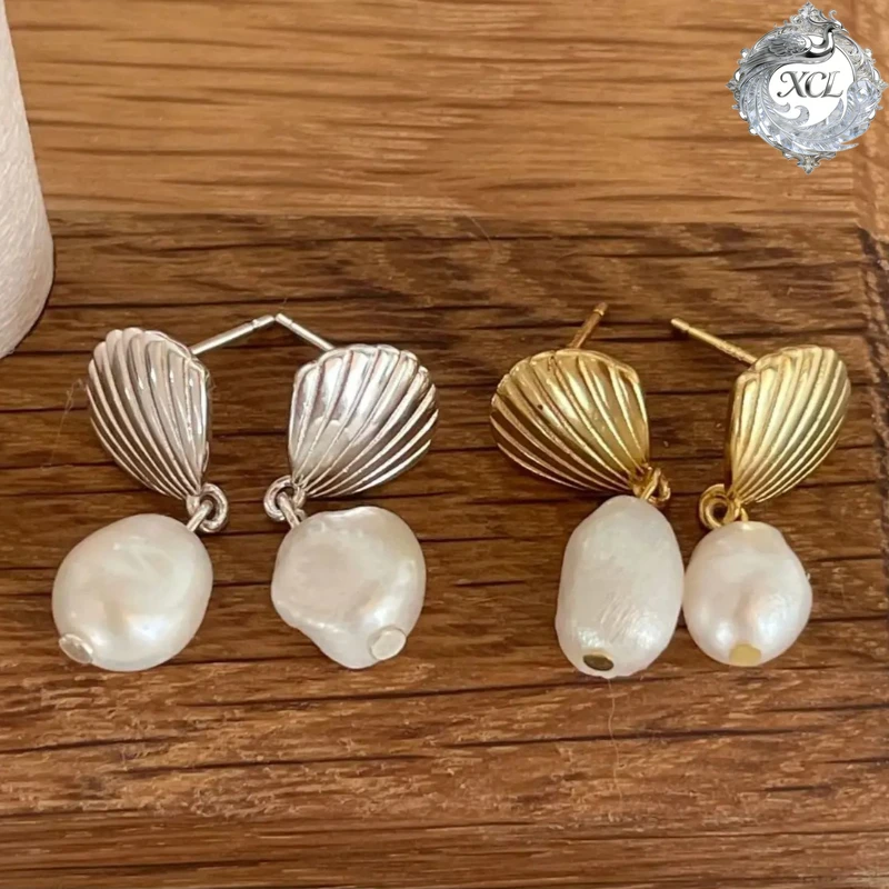 

XCL S925 Sterling Silver Pearl Drop Earrings Retro Shell Design White Real Pearl Wedding Jewelry with Box Fashion for Women