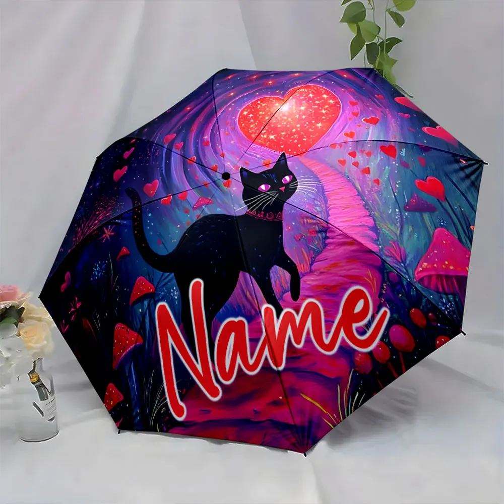 Custom Name Enchanting Cat on Heart Path Umbrella Print 8 Iron Ribs Folding Umbrella Auto-Open Fashion Sunshade