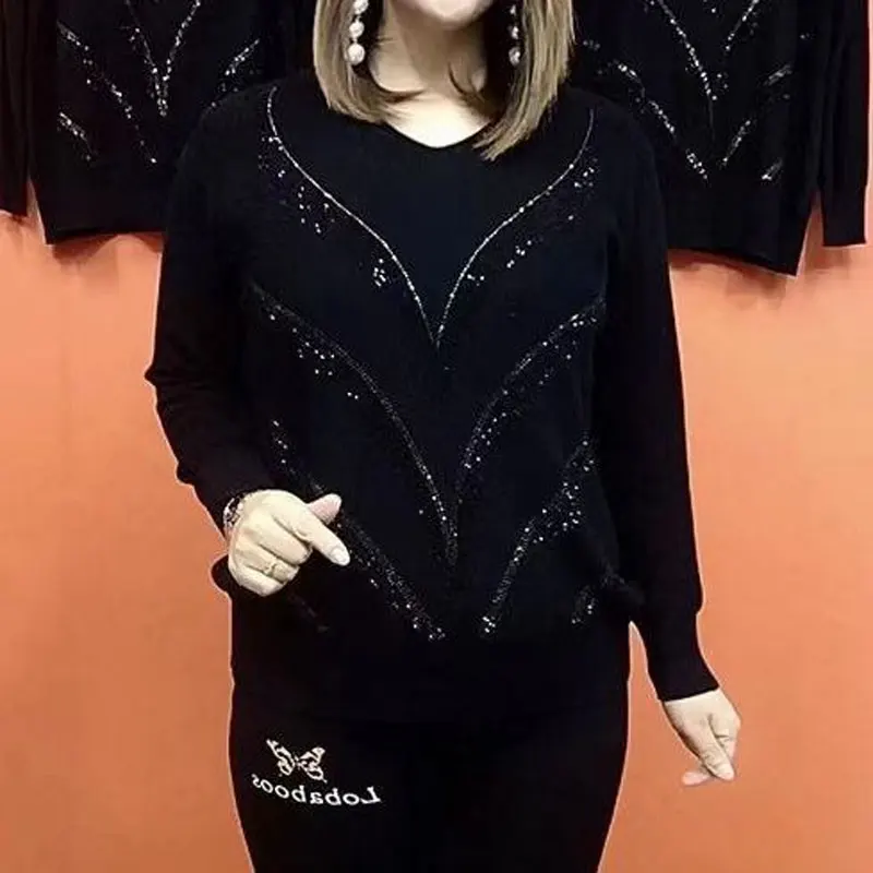 Camiseta de punto con corte de onda de diamantes elegantes para mujer, cuello en V informal, ropa de manga larga, jerséis sueltos de Color sólido,