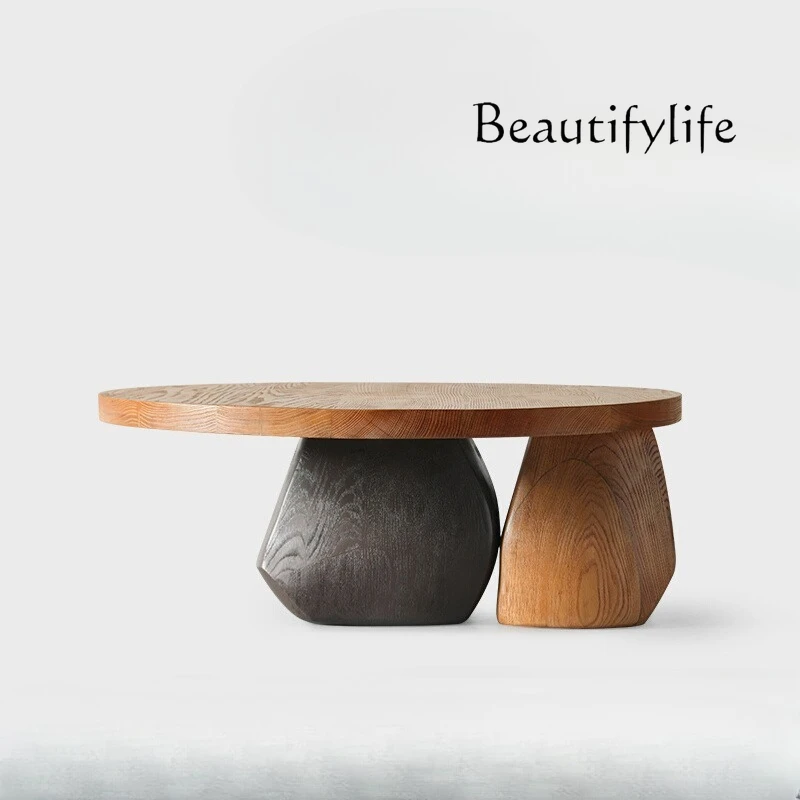 

Nordic wabi-**** minimalist solid wood coffee table living room home small round table designer creative coffee log low table