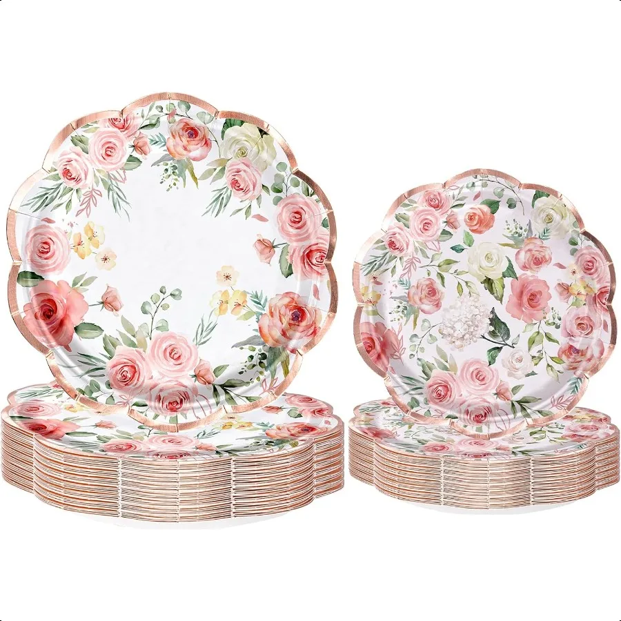 

50 шт. бумажные тарелки с цветочным рисунком, 9 и 7 розовых цветочных тарелок, декоративные обеденные тарелки для вечеринки, посуда, шутки, декор стола
