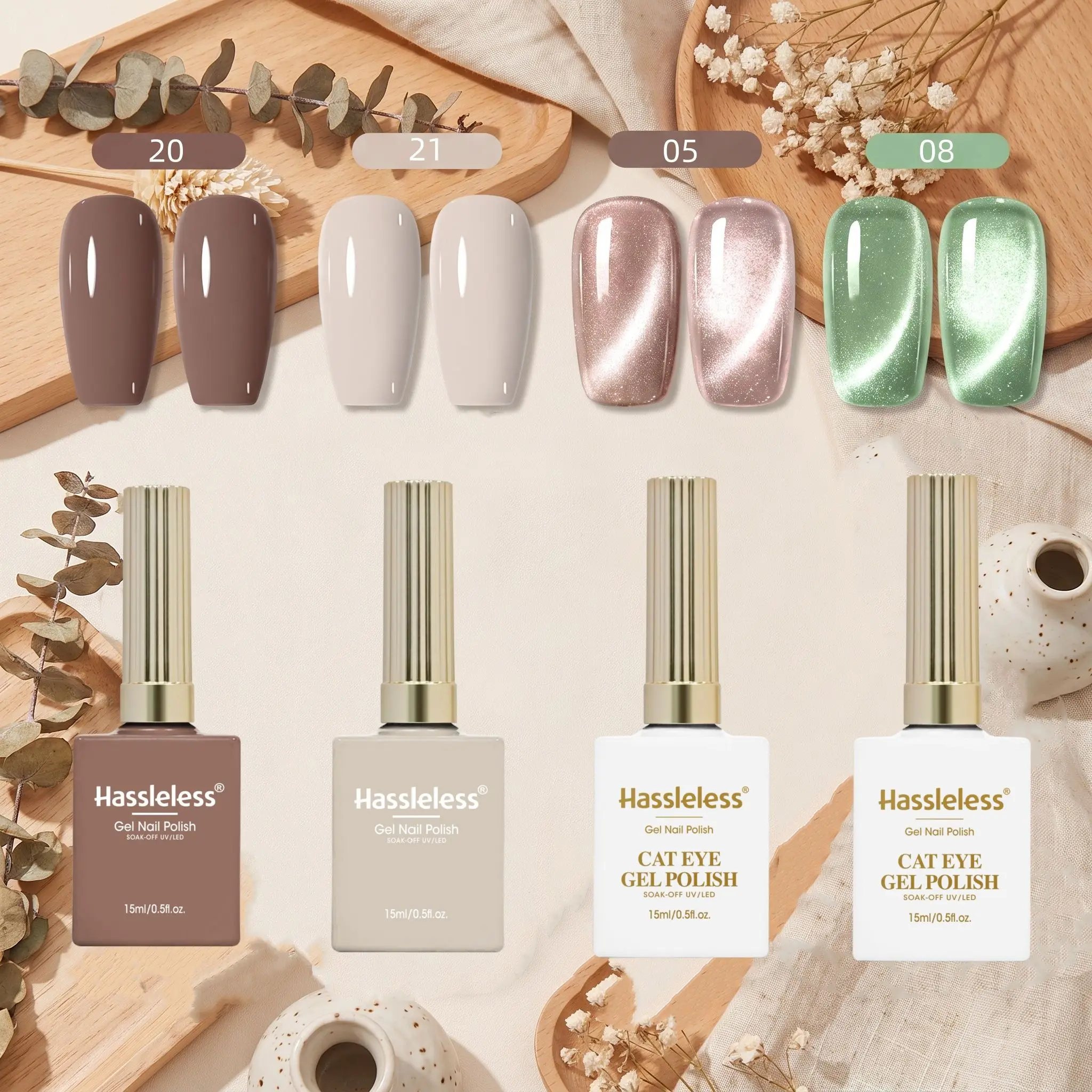 Hassleless 4Pcs Earthy Matcha Cat Eye Nail Polish Set, Chocolate Brown, Nude Beige, Nude Pink Cat Eye, Matcha Green Cat Eye, Low Saturation Morandi Tones, Cat Eye with a Translucent and Luminous Finish, Mix and Match C