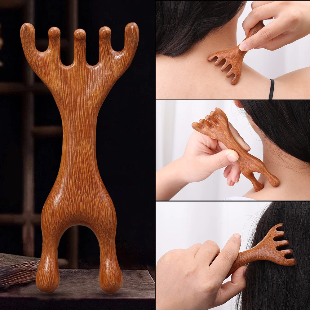 Five-Claw Scalp Massage Comb Natural Golden Sandalwood Massager Gua Sha Tool Back Scratcher Spa Massage Comb Smooth Hair Care