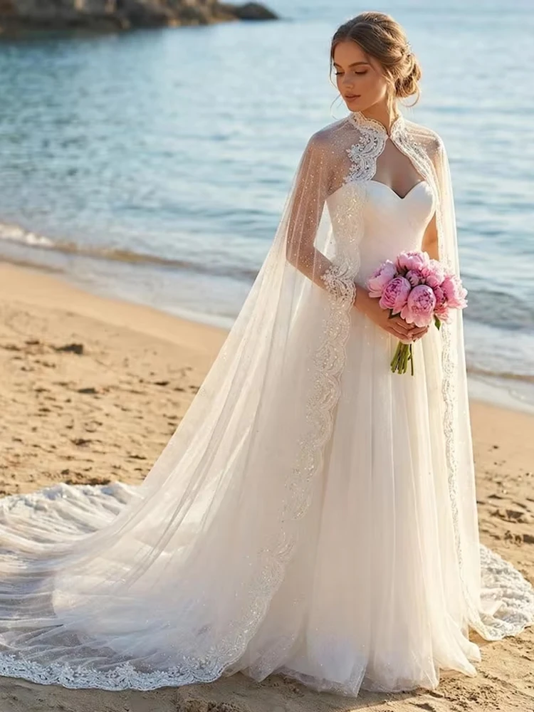 Beaded Lace Hem Long Bridal Wrap Cape Wedding Cape Women Jacket Sheer Tulle Customized image 6