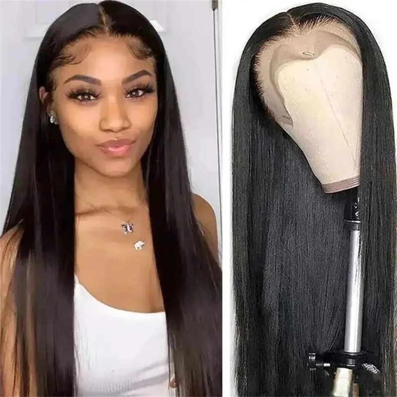 

32inch HD Lace Gluelesss 180%Density Natural Black Silky Straight 13*6 Human Hair Wig For Women With BabyHair Preplucked