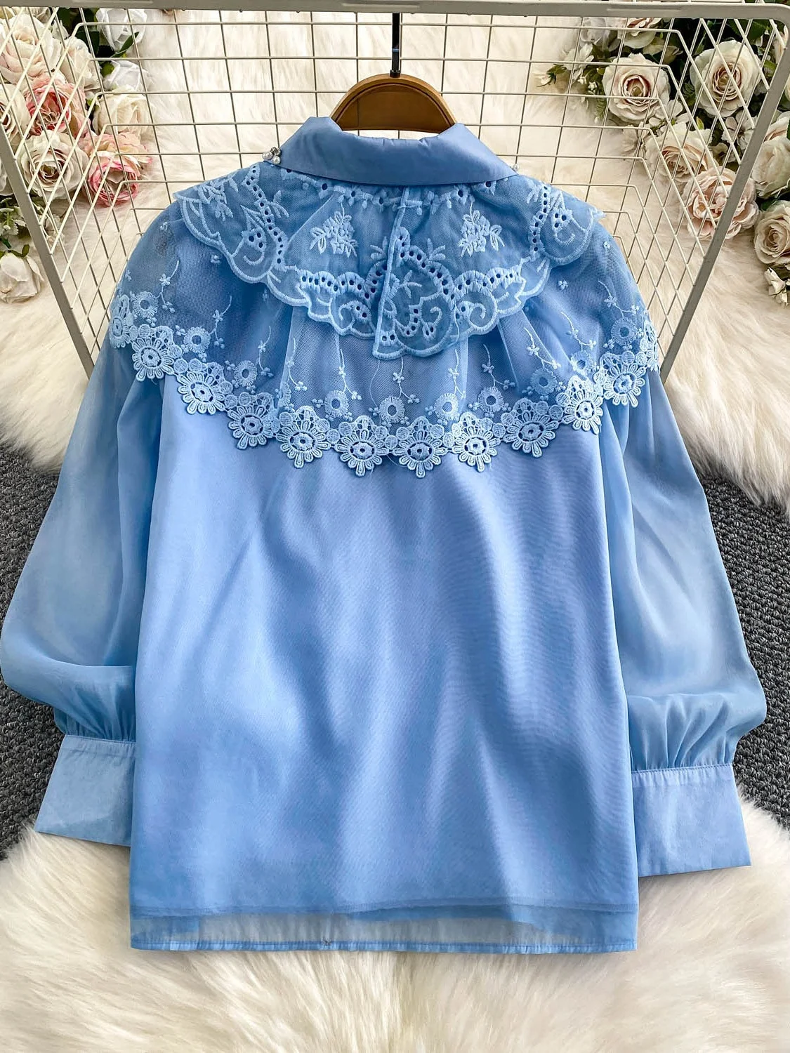 Kardigan damski z koronkowymi wstawkami, zdobiony diamentami, bogato zdobiony, z kołnierzykiem irt, luźny krój, długi rękaw, na jesień i zimę.