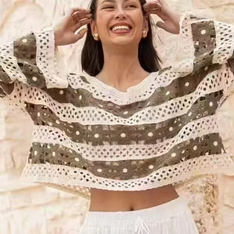 

Striped Crochet Top for Women Sheer Openwork Flared Sleeve Crop Knit Pullovers Sweater Cover-Up Bohemian Beach Outfit