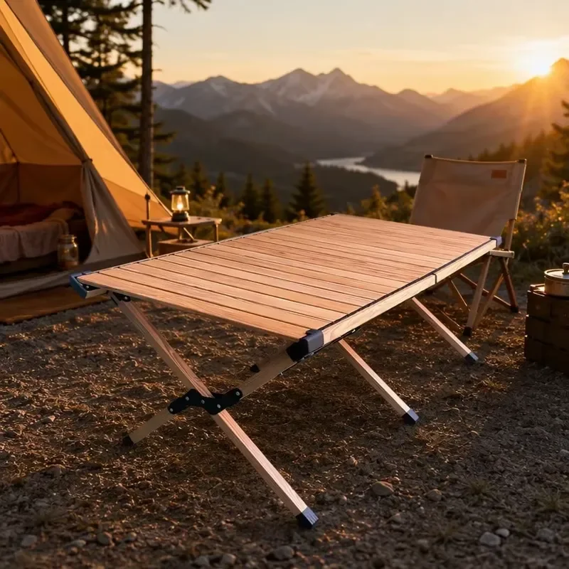 Aluminum Roll Up Camping Table Portable Folding Picnic Desk Wood Grain Surface X Frame Structure Lightweight Outdoor Bar