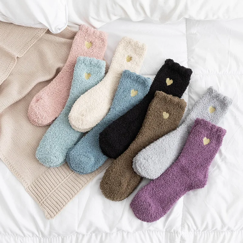 

8 Pairs Casual Love Plush Socks Women Girls Winter Warm Thickening Heart Printing Sleeping Snow Socks Coral Fluffy Tube Wool Sox