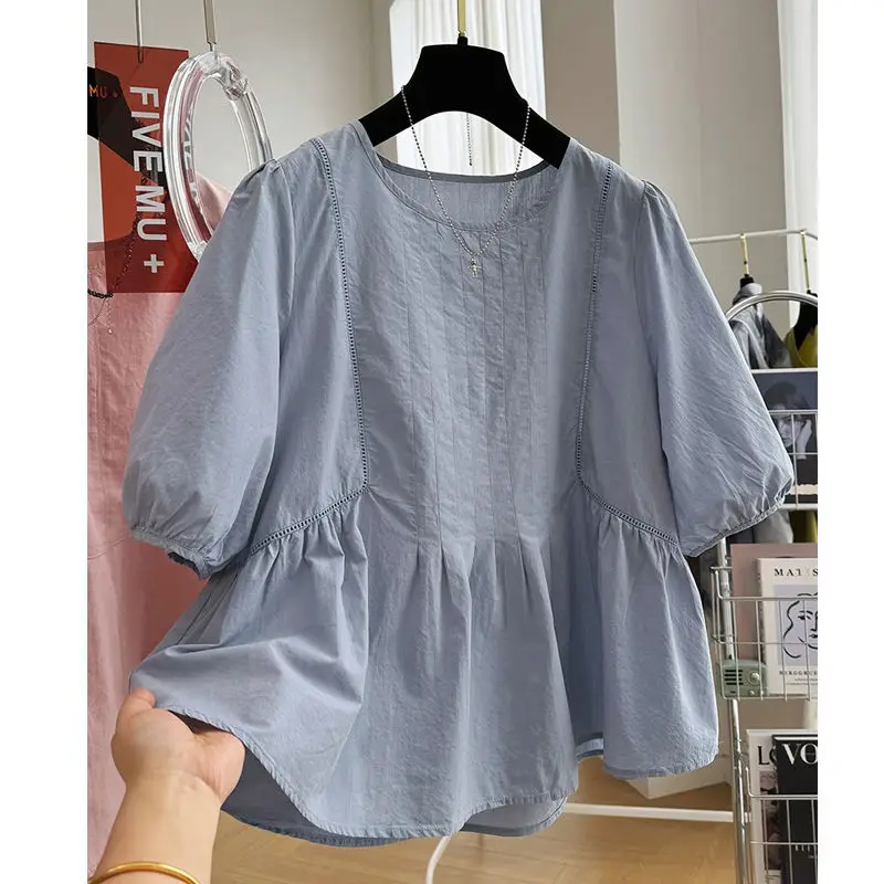 Summer Chic Round Neck Short Sleeve Babydoll BlouseYY101