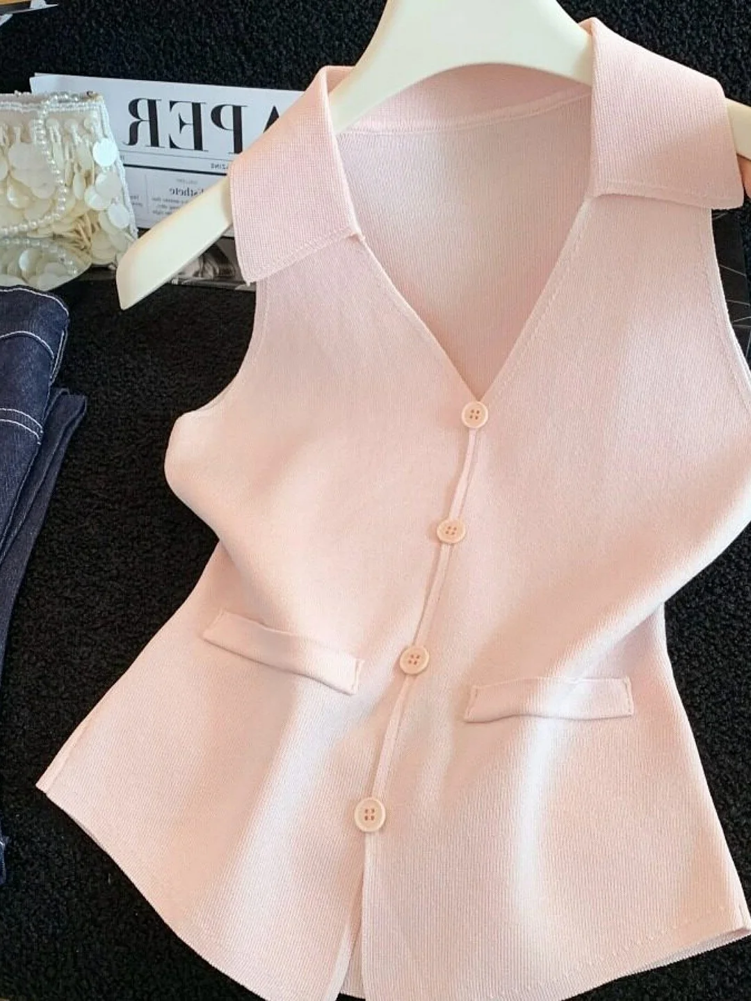 Elegant  Neck Knitted Vest Women's Summer Slim Fit Sleeveless Top High End Fashion Soft Nylon Polyester Blend Knitwear
