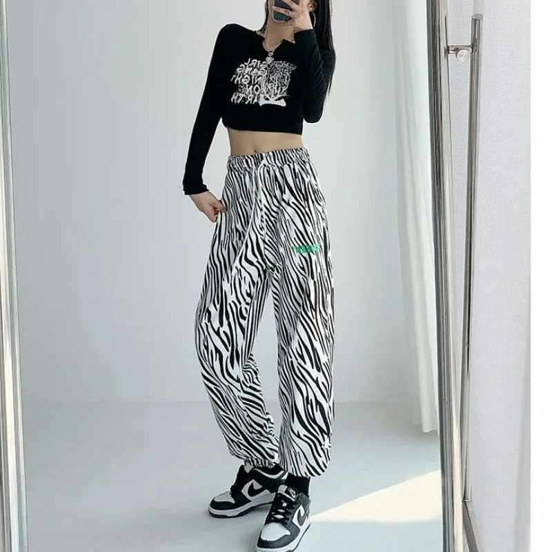 

Spicy Girl Zebra Pattern Women's 2024 Summer Spliced High Waist Slimming Drawstring Pocket Loose Minimalist Casual Harlan Pants