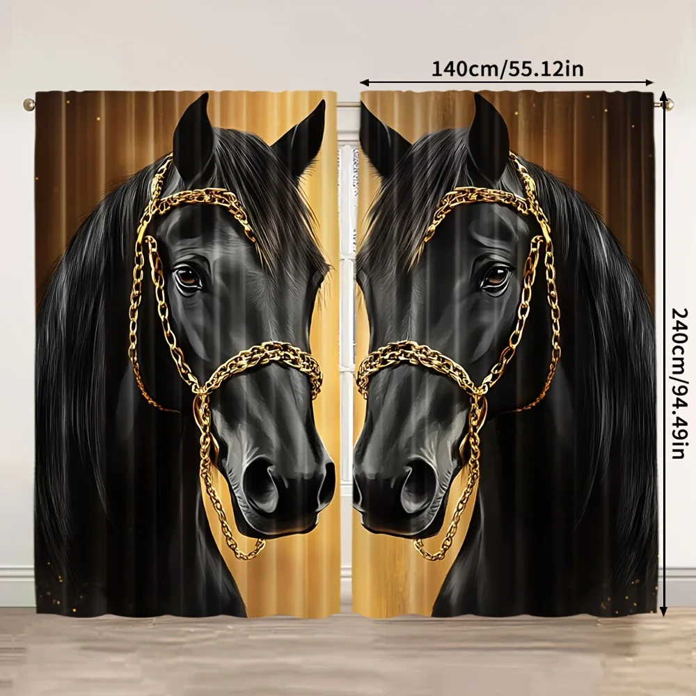 

2pcs Black Horse Curtains Gold Chain Portrait Print Drape Luxury Bedroom Window Treatment Animal Art Home Decor Panels