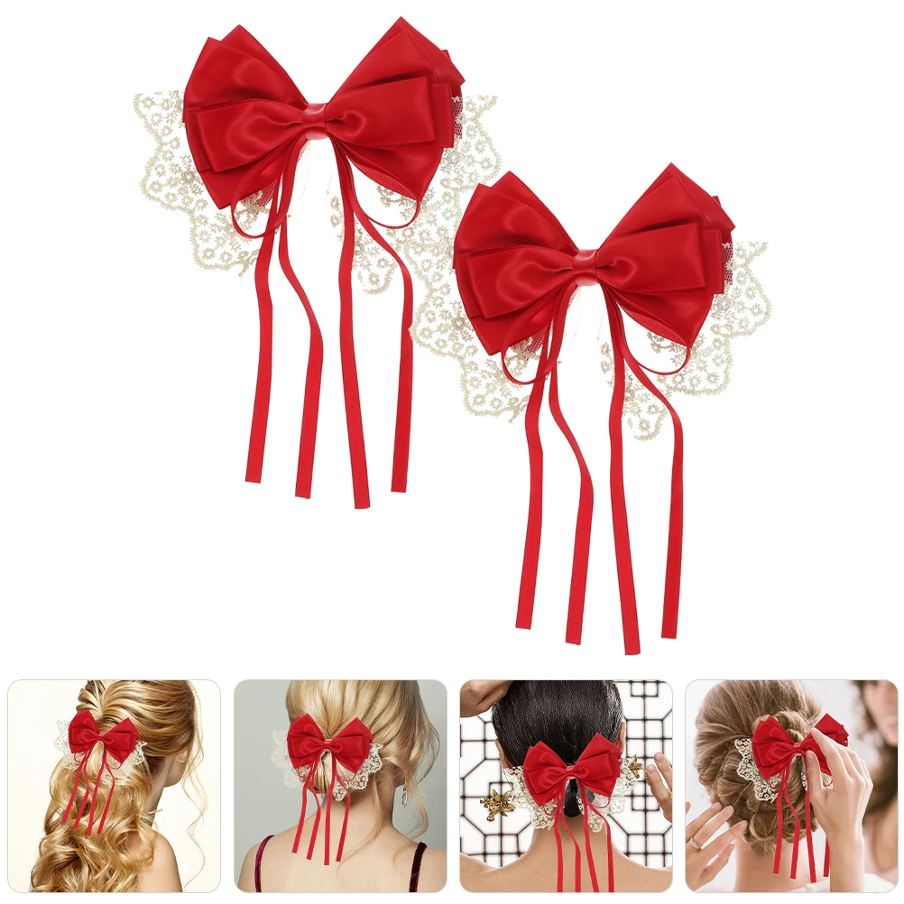 

2pcs Lace Bow Clips Women Elegant Ribbon Clip On Sweet Bow Barrette Clips Adorable Ribbon Hair Accessories For Women Fashionable
