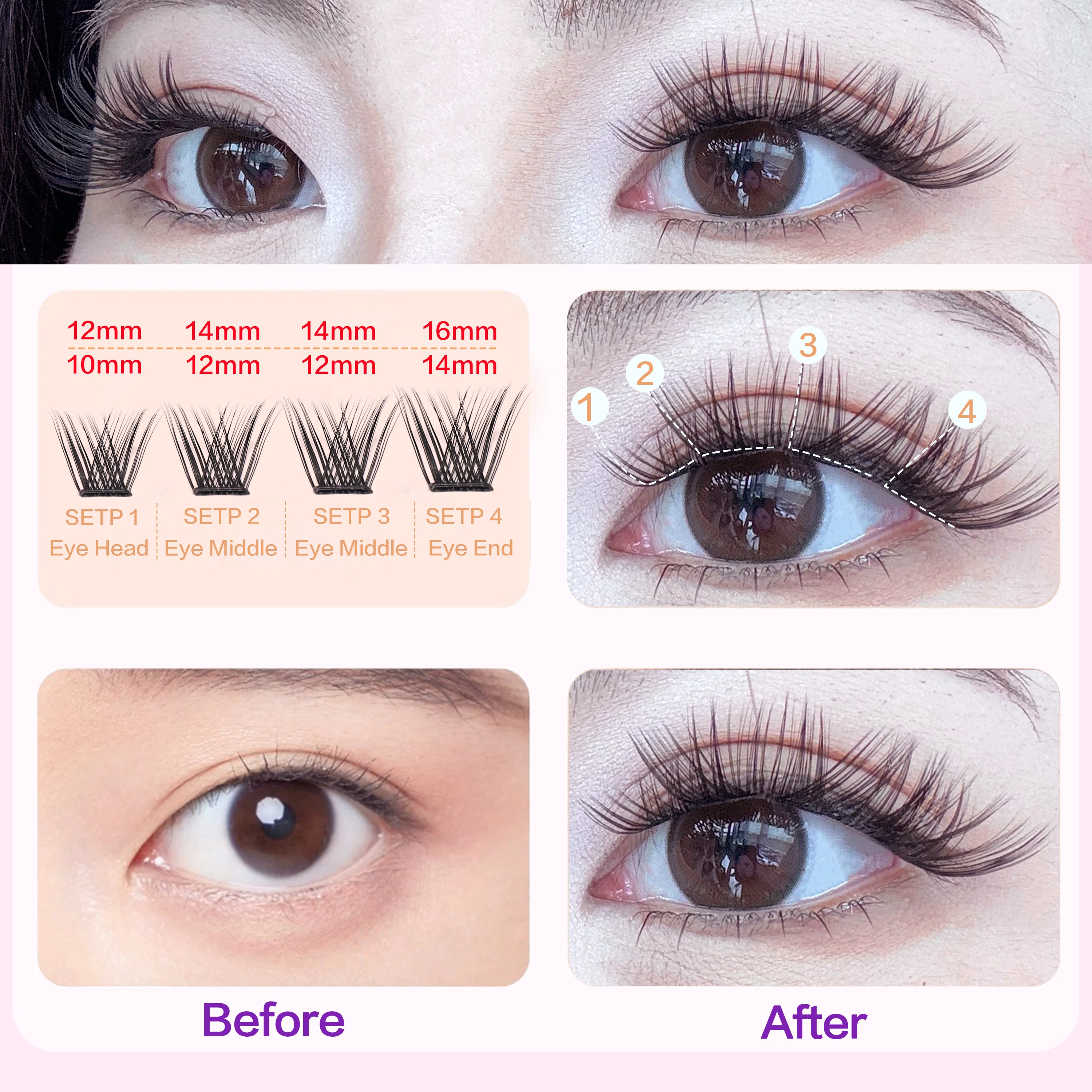 [No Glue Need] FindLove 60Pcs Glue Free Eyelashes C Curl 10-16mm Reusable False Eyelash Extension Set With Tweezer Natural Lash