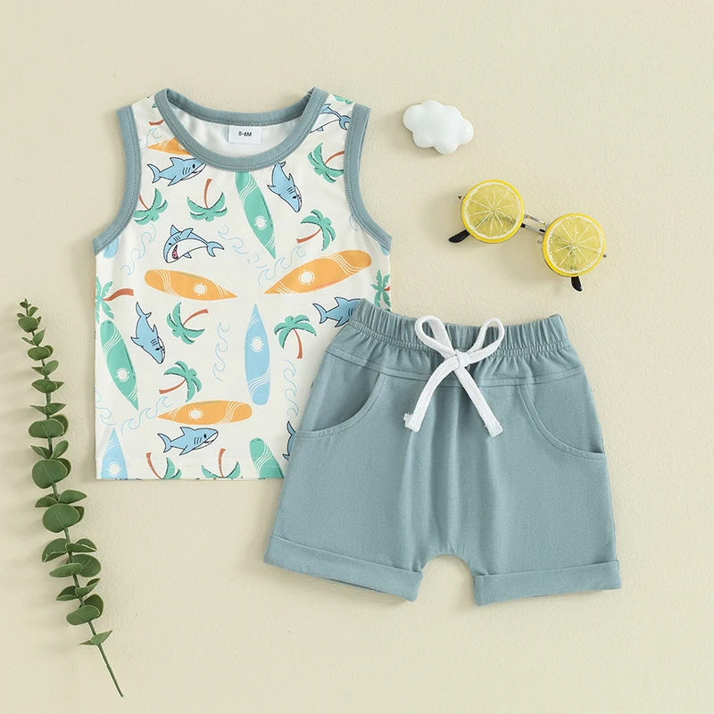 

CHAUKAREAUL Baby Boy 2 Piece Outfits Beach Print Sleeveless Tank Tops and Elastic Shorts Set Summer Clothes