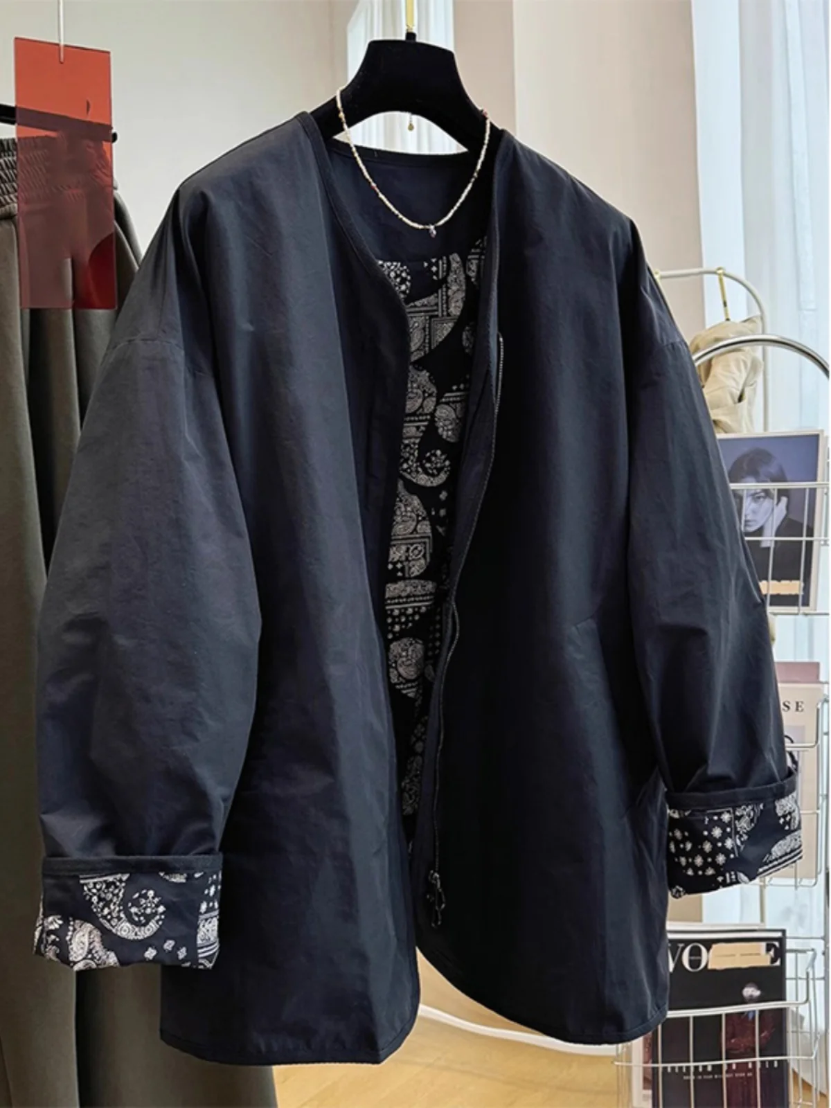 

Retro Long Sve Zipper Coat Women's Spring Autumn Loose Casual Nut Flower Print High-End Design Sense Outerwear Top