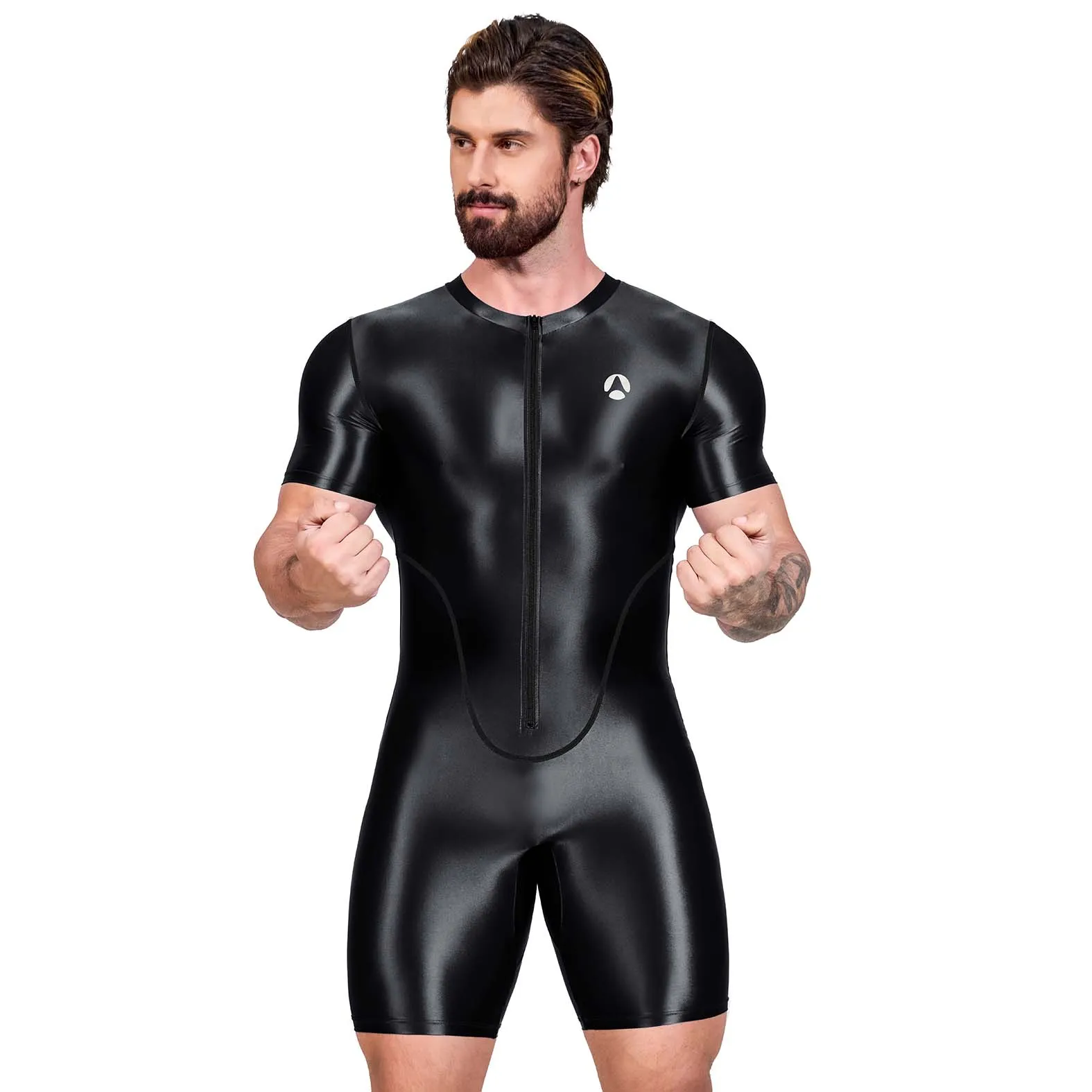 AMORESY Herren-Body aus glänzendem Satin, kurzärmelig, Sportbekleidung, Yoga, Fitnessstudio, Fitness, Badeanzug, Radtrikot, Lauf-Badebekleidung, Overall 3