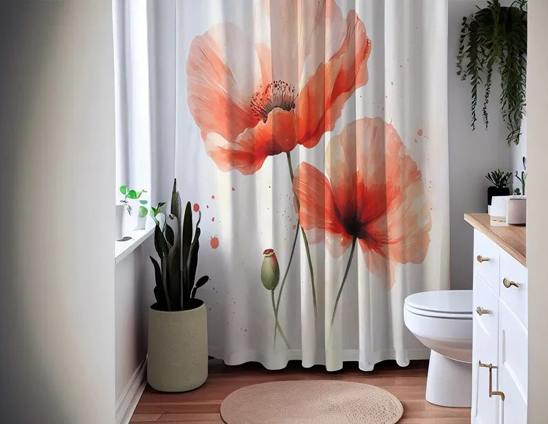 Watercolor Poppy Flower Shower Curtain, Waterproof Fabric Bath Curtain, Elegant Floral Bathroom Decor, Modern Boho Style