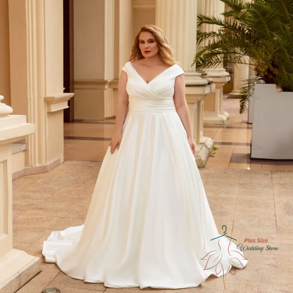 Elegante Trouwjurk Voor Vrouwen Plus Size Satijn V-Hals Van De Schouder Bruid Jurk Veters Up Sweep Trein A-Lijn Robe De Mariée