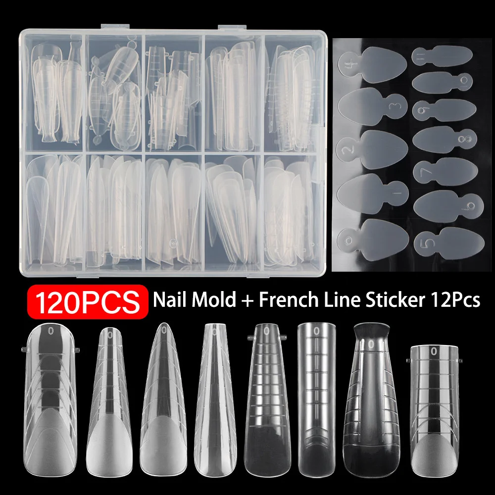 FILI 120PCS Dual Form Nail Mold Set With 12Pcs French Line Sticker For Fake Nail Extension Tip Top Forms Quick Building Mold