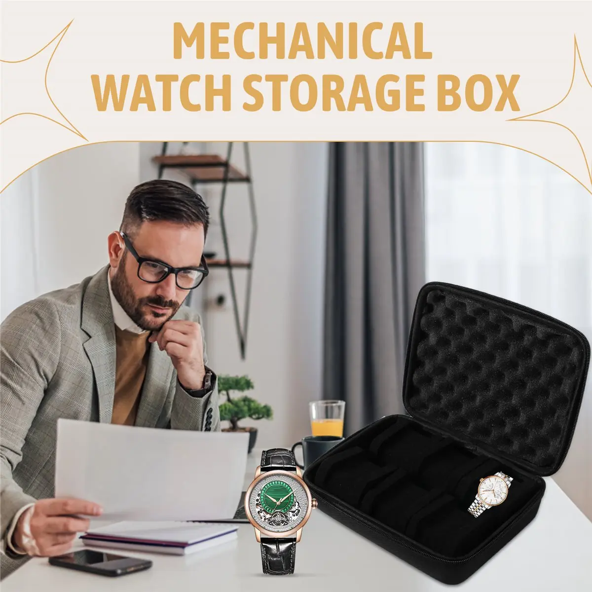 popop 6 Slots Hard Shell Watch Storage Box, Carry Case, Display Organizer, Watch Box Holder Display Cabinet