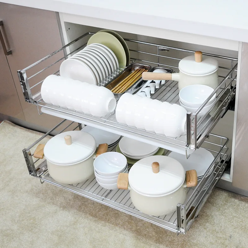 Basket Stainless Steel Kitchen Cabinet Basket Drawer Bowl Rack Seasoning Rack Dishes Damping Triple