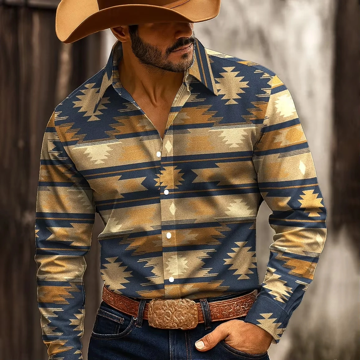 

Мужская приталенная рубашка с длинным рукавом и индийским геометрическим принтом, повседневная уличная одежда для осени и зимы, комфортный топ из полиэстера