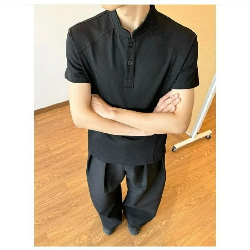 American Stand-up Collar Polo Shirt Short-sleeved, Men's High-end Style Loose T-shirt with Half-sleeve Splicing Simple Fashion