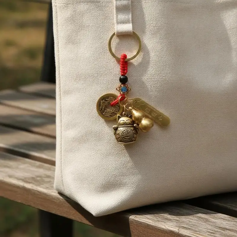 YILUO Feng Shui Lucky Cat Pendant Keychain with Five Emperors Money Red String for Good Fortune Birthday Gift for Friends