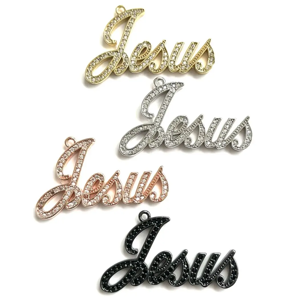 5Pcs Cubic Zirconia Pave Jesus Word Charms Gold Plated Letter Pendant For Woman Bracelet Necklace Bangle Jewelry Making