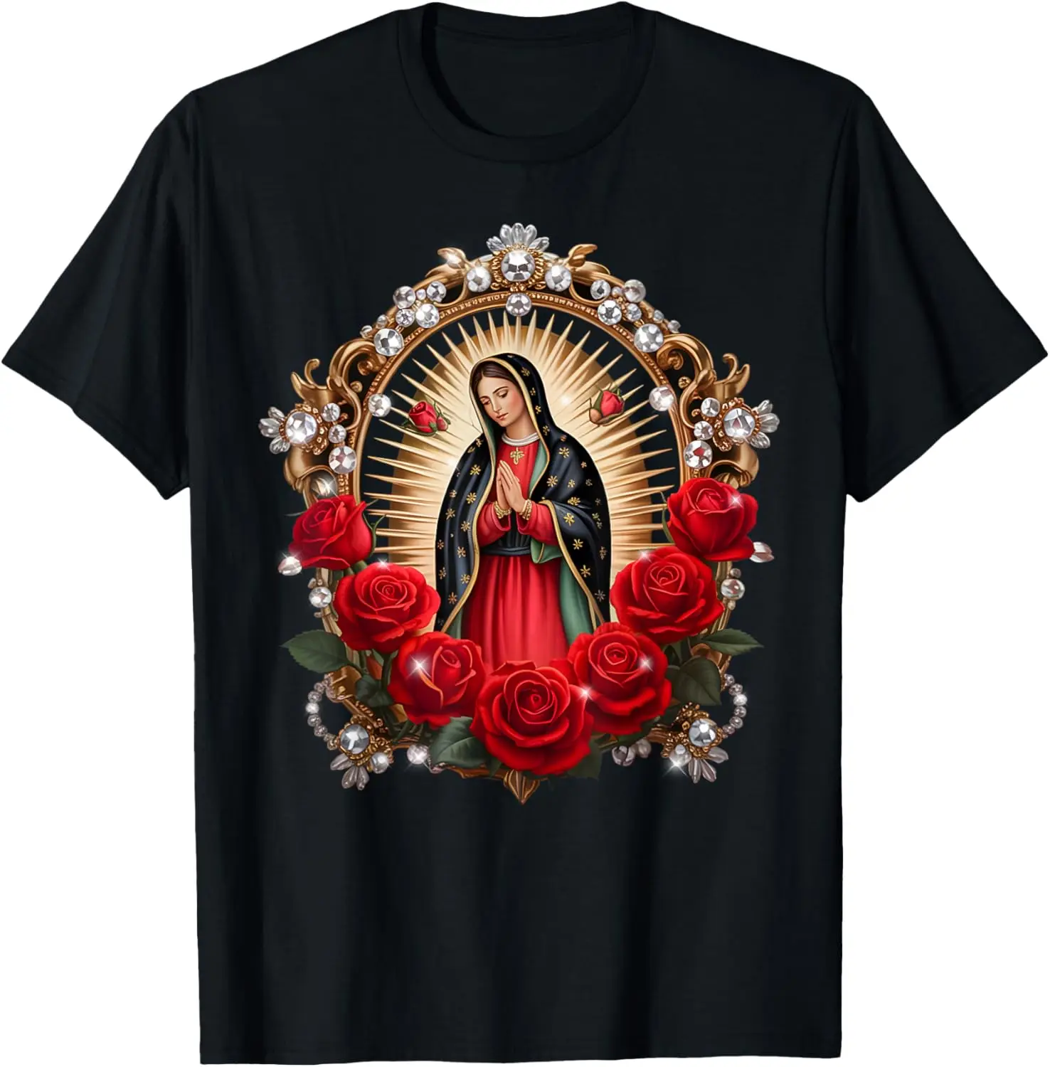 

Our Lady of Guadalupe Virgin Mary Roses Jewel Frame Graphic Tee Soft Breathable Short Sleeve for Men