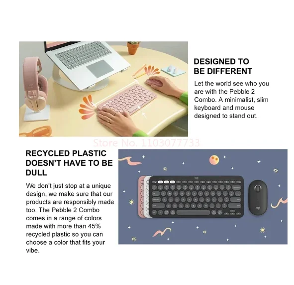 مجموعة واحدة من لوجيتك بيبل 2 كومبو لوحة مفاتيح لاسلكية، متعددة الأجهزة تعمل باللمس الصامتة المحمولة للهاتف اللوحي والكمبيوتر المحمول ويندوز أندرويد IOS #3