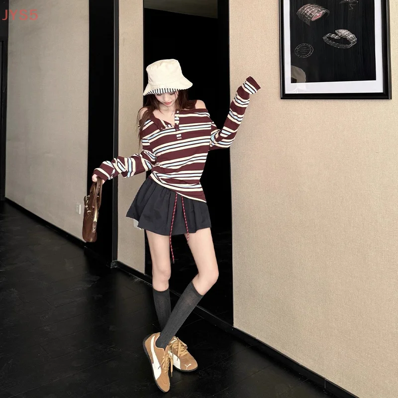 【JYS5】Camiseta informal holgada de manga larga con hombros descubiertos a rayas Retro de otoño para mujer Top elegante