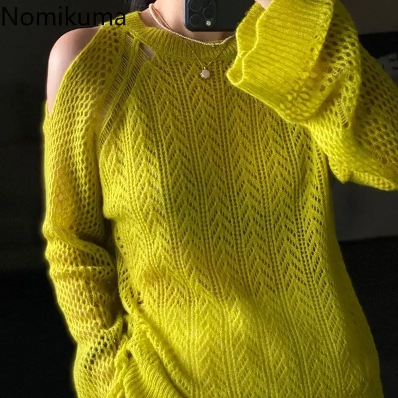 Korean Sweater for Women Long Sleeve O-neck Thin Jumper Sueter Mujer Off Shoulder Fashion Hollow Out Knitted Thin Pullovers Tops