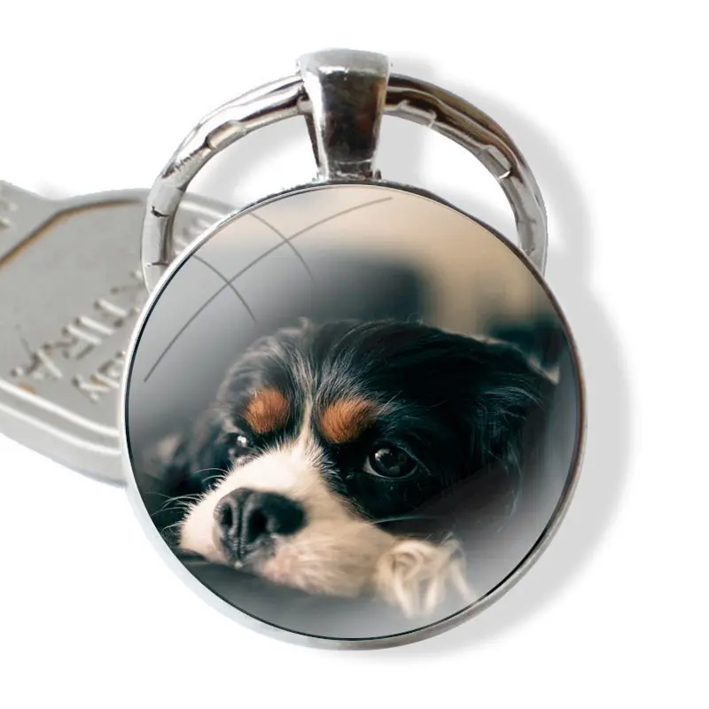 Tilted Black Cavalier King Charles Keychain Handmade Glass Cabochon Key Ring Holder Pendant Key Chains