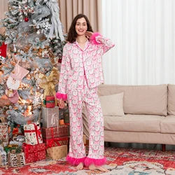 Combhasaki Women's Christmas 2Piece Loungewear Pjs Outfits Set Fur Feather Cuffs Santa/Bow Print Long Sleeve Shirt+Elastic Pants