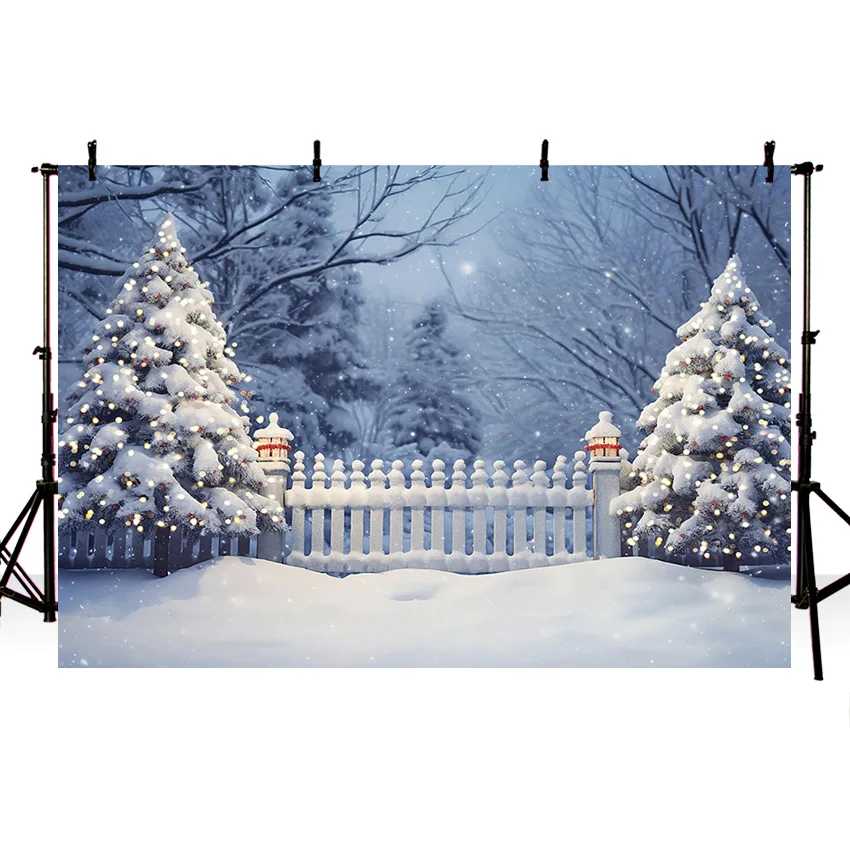 Mehofond Winter Forest White Snow Scene Photozone Christmas Tree Bokeh Fence Decorations Backdrop for Photographers Photo Studio