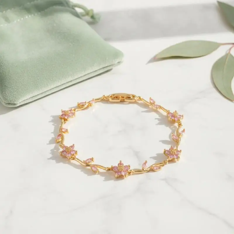 1PCS Five Red Pink Little Flowers Rhinestone Leaves Shape Bracelet Temperament Light Luxury Copper Plated Gold Women Bangle