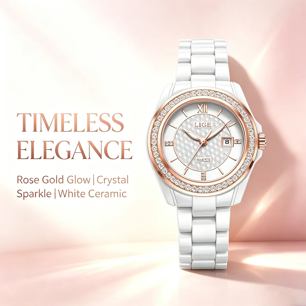 LIGE White Fashion Ladies Wristwatch Diamond Ceramics Strap Waterproof Date Women's Watches Elegant Quartz Watch for Women Gifts
