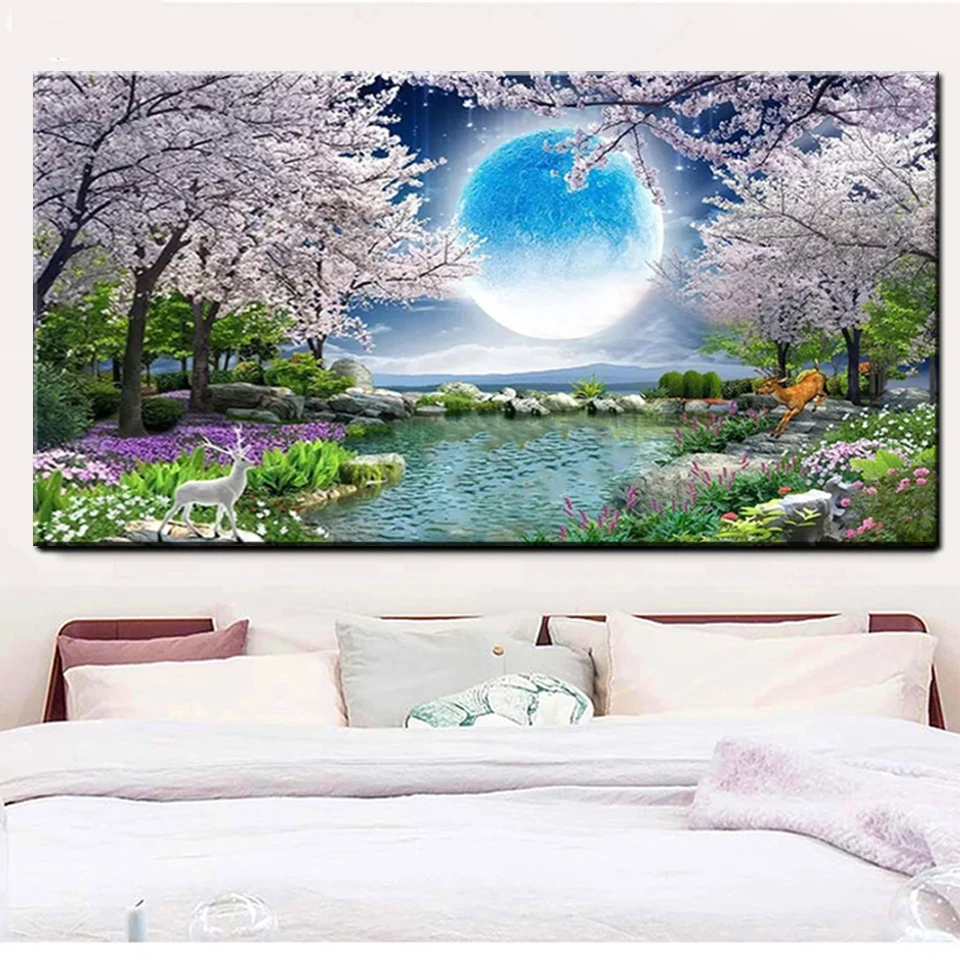 Tam kare yuvarlak elmas boyama kiraz çiçekleri ve ay göl manzara elmas nakış taklidi mozaik elmas R221