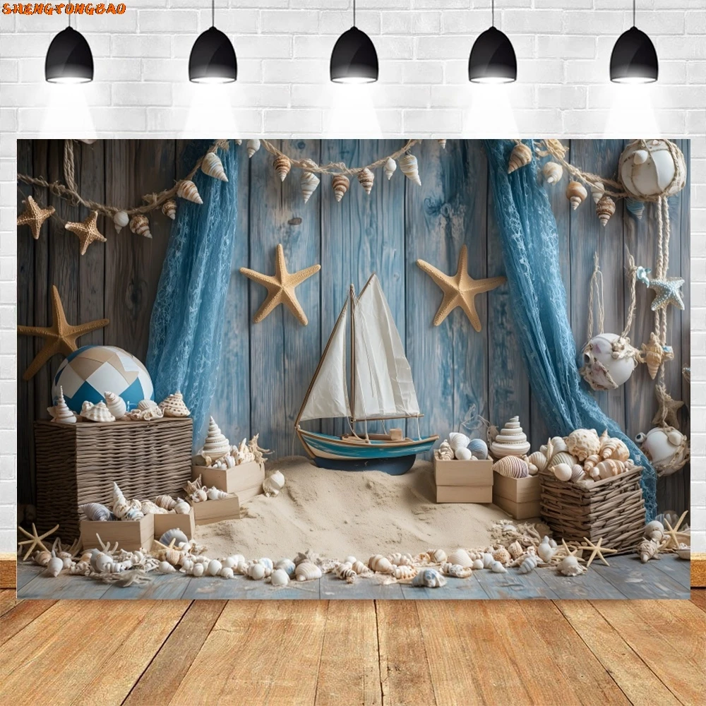 Toile de fond de photographie sur le thème de la voile d'été, voilier en bois, décoration de fête d'anniversaire pour enfants, fond de portrait d'enfants, plage