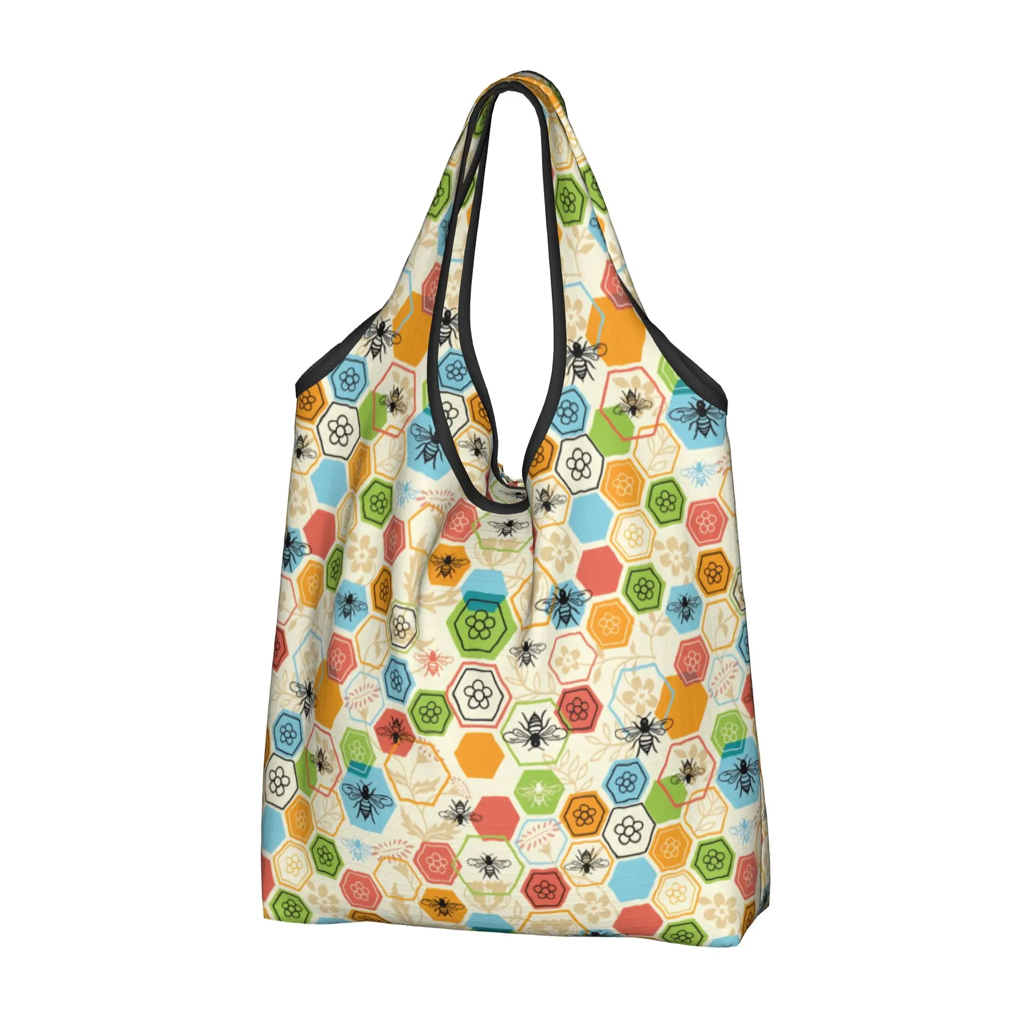 Hexagon Garden Honeycomb Bee Comb  Groceries Shopping Bag Kawaii Shopper Tote Shoulder Bag Big Capacity  Geometric  Handbag